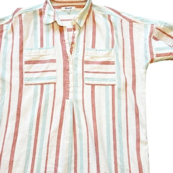 Madewell Courier Stripe Linen Cotton cream multicolor shirt dress Popover Medium - Picture 4 of 8